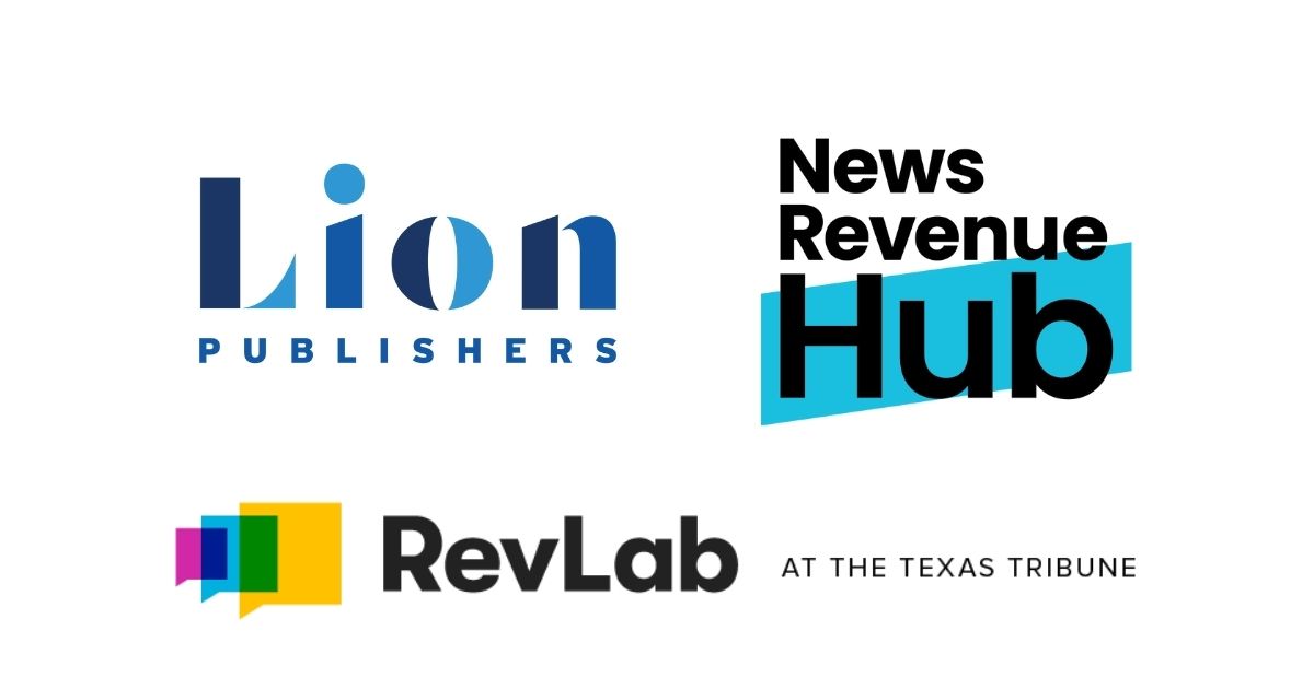 Logos of LION Publishers, News Revenue Hub, and RevLab at The Texas Tribune