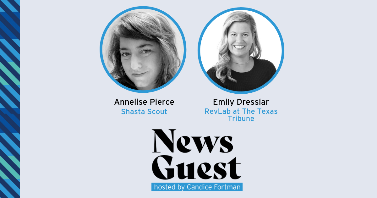 A graphic with photos of this podcast episode’s guests, Shasta Scout founder Annelise Pierce and RevLab director Emily Dresslar