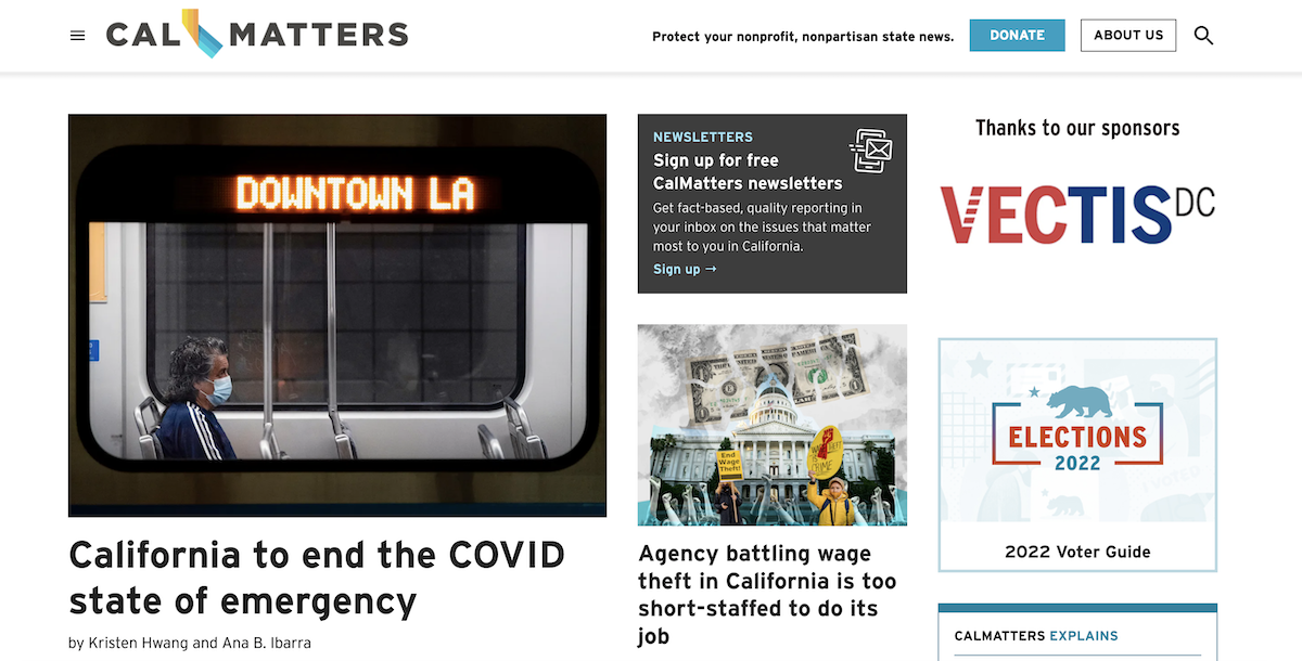 CalMatters home page, powered by Newspack