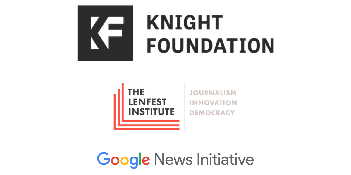 Logos for Knight Foundation, The Lenfest Institute, and Google News Initiative